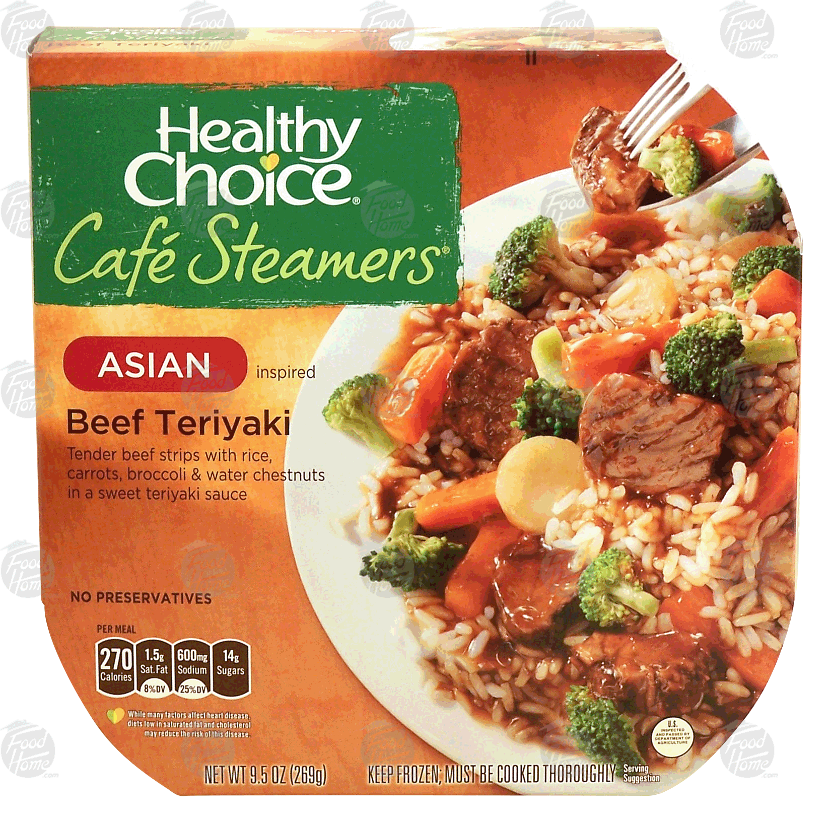 Healthy Choice&nbsp;Cafe Steamers&nbsp;asian, beef teriyaki; beef strips with rice, carrots, broccoli & water chestnuts Full-Size Picture